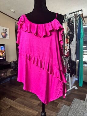 Anthropologie Hot Pink One-Shoulder Ruffle Dress